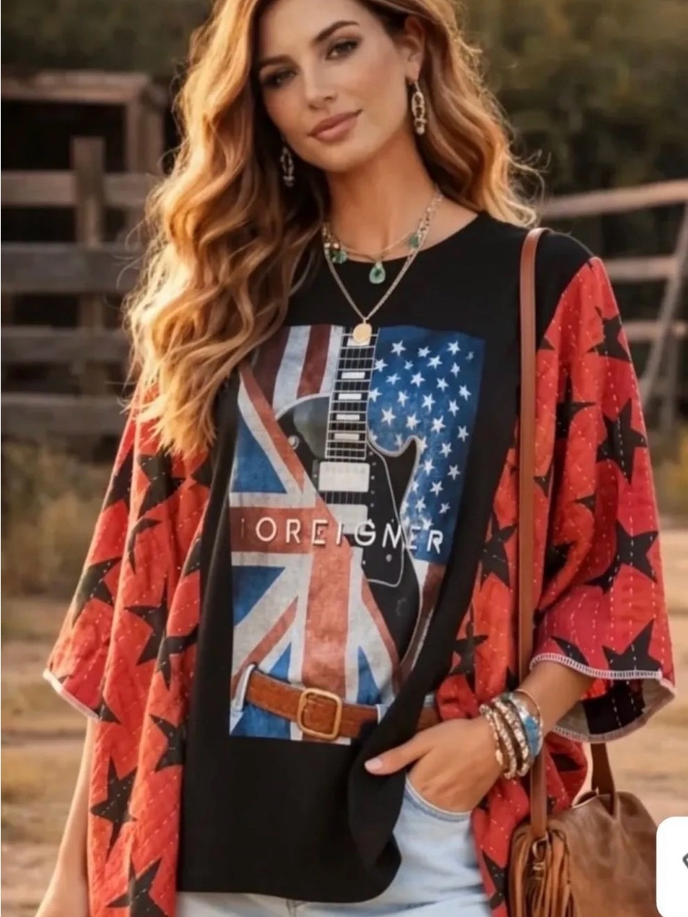 FOREIGNER GUITAR upcycled red star Kantha tunic top os M L XL 1x 2x 3x